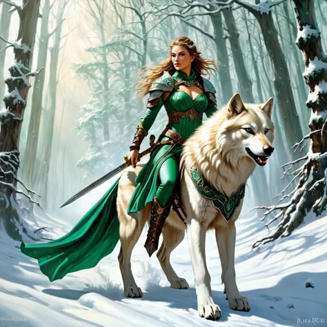 arafed woman in emerald dress riding a wolf in a snowy forest, airbrush julie bell, trends in the cg community, fantasy art, fem...