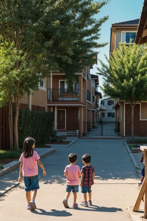 neighborhood, children playing, humble, people chatting in drawing