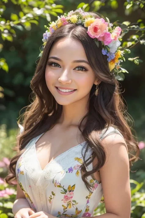 a happy girl with a warm smile, beautiful detailed eyes, beautiful detailed lips, extremely detailed face, longeyelashes, wearing a colorful dress, standing in a lush garden with flowers, sunlight filtering through the trees, (best quality,4k,8k,highres,ma...