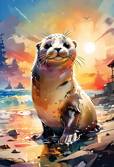 Masterpiece Illustration, high quality, high resolution 16k, a painting of a  seal with a smile on its face  sitting on a Ocean Shore,  Stunning sunset background , (fisheye camera), funny cartoonish trend in Art Station, playful smile, 🍁 cute, inspired by...