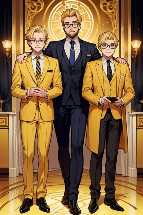 male, blonde hair, blue eyes, trimmed goatee, (((1boy))), (((golden yellow business suit))), (golden yellow pants), (black dress shirt), (brown necktie), (black dress shoes), (glasses), older man, lion ears on head, smiling, single person