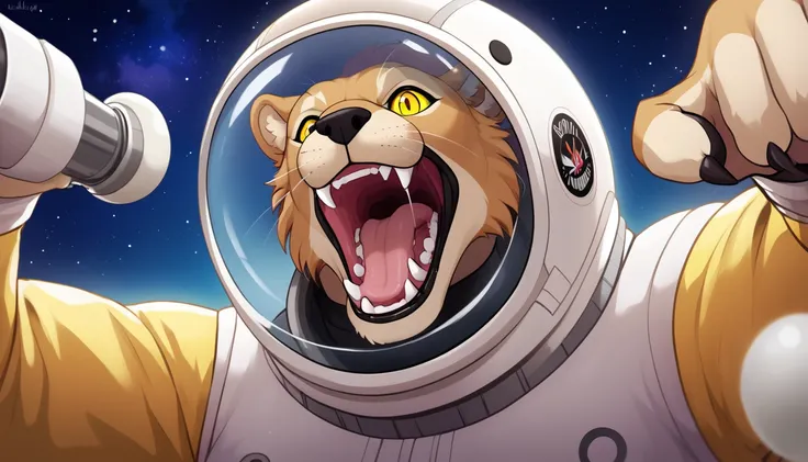 Arafed a picture of a anthomorph lion astronaut he stands on the moon (roaring: 1.3), open maw, mouth opened sense awe, sense of might, king of space, to space, an epic (anthomorph lion: 1.3), Ultra detailed head, open maw, best detailed head(wearing astro...