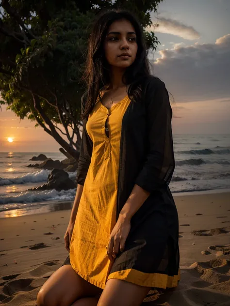 A indian gril black hair   drees    kurta  sunset time sitting in a Goa beach lonely very sad girl
