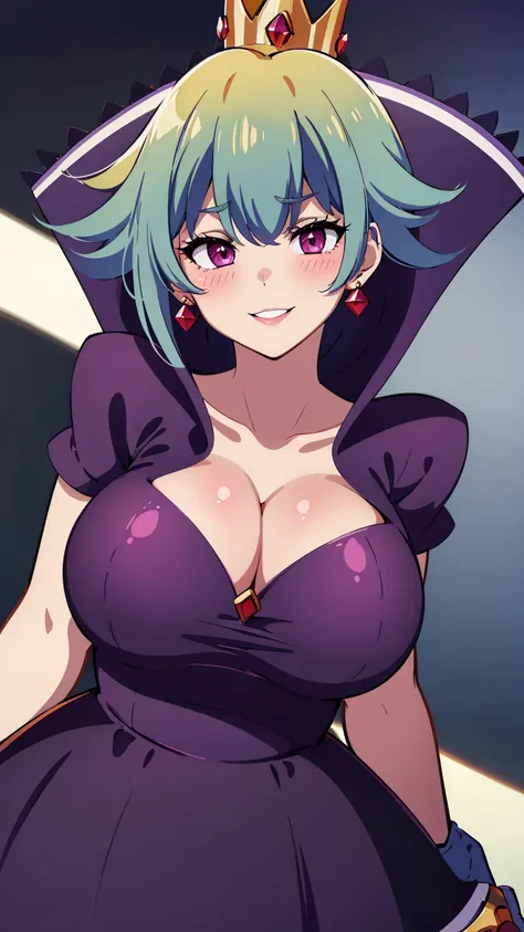 best quality, high resolution, large breasts, blue hair, blush, Evil smile, cowboy shot, looking at viewer, Shadow Queen, purple dress, hot cleavage