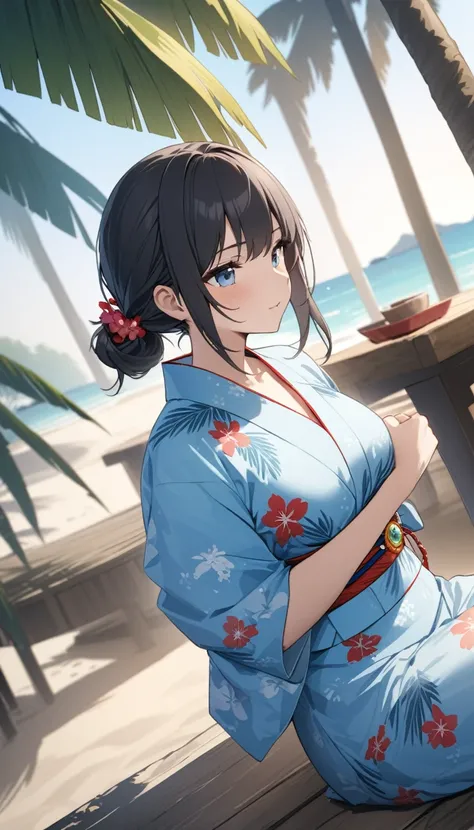 ((Highest quality)), ((masterpiece)), (detailed), A black-haired girl wearing a summery blue and red Japanese yukata with her hair tied up, sitting cross-legged on a tropical beach、Breeze、A pleasant breeze、A tropical anime background、Side Angle、Vision、