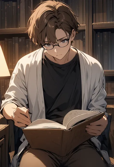 (BEST QUALITY), (MASTERPIECE), illustration, Extremely_detail, 4k wallpaper , midnight, man, white jacket, black T-shirt, brown jeans, 18 years old , brown Hair, short hair, black eyes, eye glasses, reading a book, smart, Background of the library