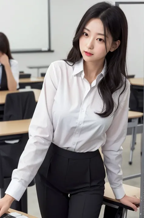 A woman in a white shirt and a black suit is standing behind a desk in a classroom。, Place your hands on the desk、Leaning forward. She has a seductive look on her face, She opened her mouth a little, There&#39;s a seductive look in her eyes.