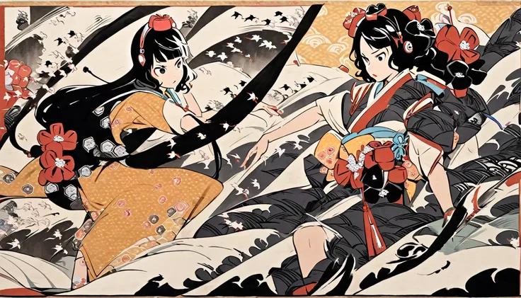 (((Highest quality))), (((Katsushika Hokusai))), (((Ink Painting))), ((very straight longhair)), ((1 girl)), ((cherry blossoms)), ((beautiful girl)), Japanese style headphones, Black Hair, Delicate and precise, Modern ukiyo-e style, sunglasses, Battle