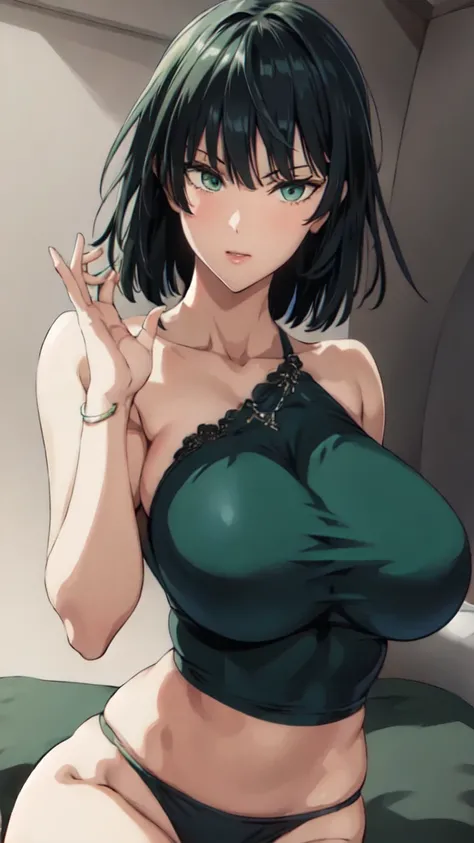 fubuki, fubuki, Dark green hair, Green Eyes, short hair, (Large Breasts:1.2),slender, good, panties, black good, black panties, Portrait Shot, (Upper Body Shot), Chest Focus, Close-up shot, only Upper Body Shot, break indoors, office, break looking at view...