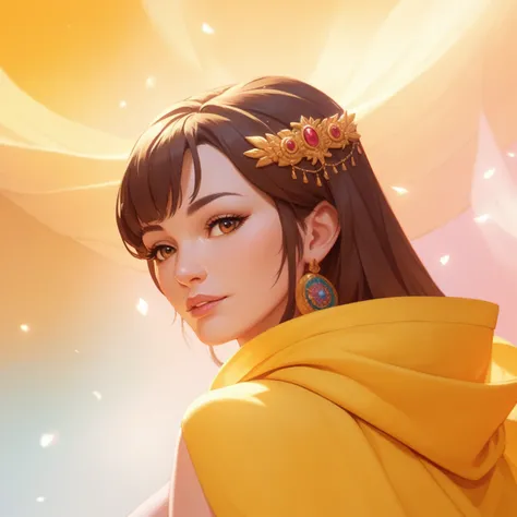 Masterpiece, best quality, very detailed portrait of a very beautiful girl with big brown eyes, long brown hair, she wears ancient accessories and a yellow cape. Starlight is on the background