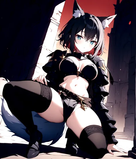 (1girl, Masterpiece, best quality) (detailed and beautiful eyes:1.6) (perfect hands, perfect anatomy) (full body)) (Mature) (Adult) Fox-girl Misaki has ((short black hair)), (Fox-ears). (She wears a black fantasy, medieval adventurer armor with additional ...