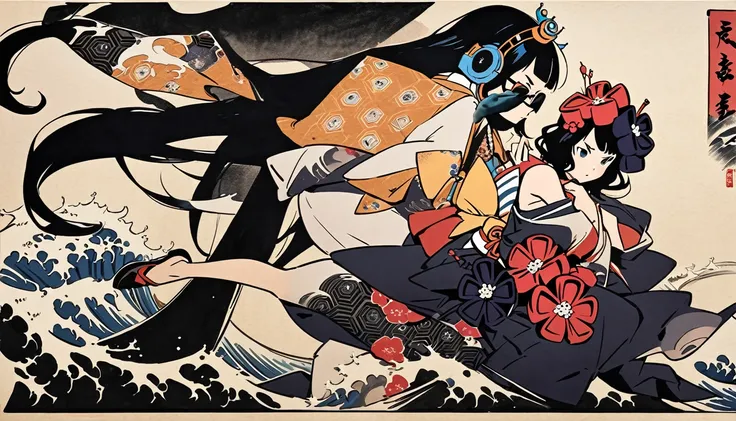 (((Highest quality))), (((Katsushika Hokusai))), (((Ink Painting))), ((very straight longhair)), ((1 girl)), ((sunglasses)), ((beautiful girl)), Japanese style headphones, Black Hair, Delicate and precise, Modern ukiyo-e style, Battle