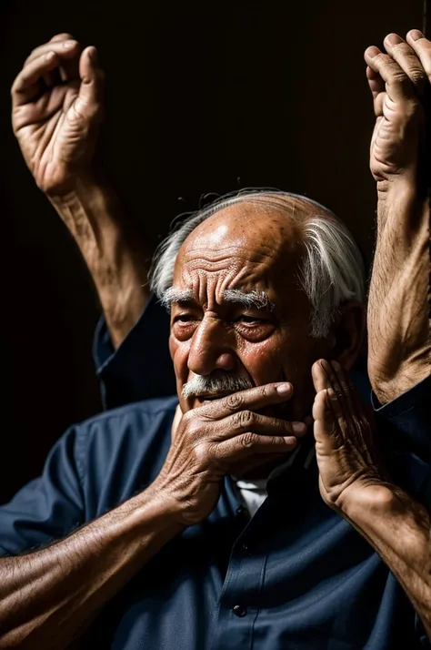 An old man is praying and crying with his hands raised to Allah with the darkness