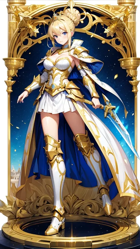 Blonde adult woman with low bun hair，gold tiara，big cloak，White Armor，cleavage，Blue armor skirt，Bare Legs，iron boots，Standing，Great sword，castle