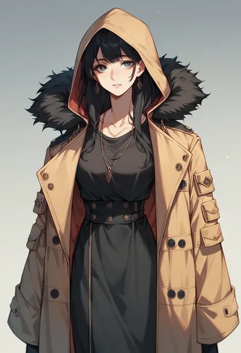 Black Hair　Black long coat　Wearing a hood　beautiful girl