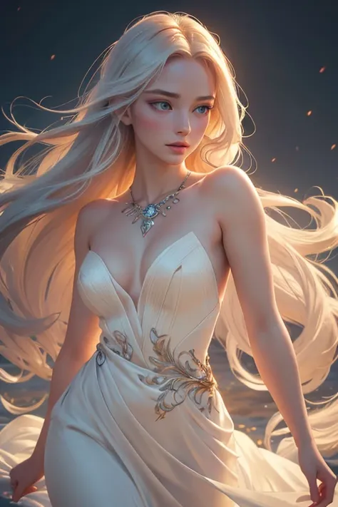 1girl, goddess of beauty, ethereal beauty, porcelain skin, long flowing hair, elegant pose, delicate features, flawless complexion, luminous eyes, serene expression, flowing dress, natural lighting, cinematic composition, dramatic lighting, warm color pale...