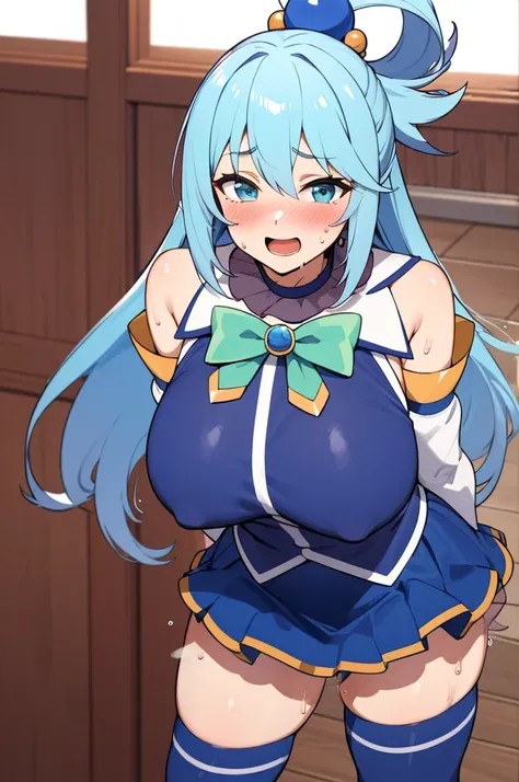 masterpiece, best quality, highres, aaaqua, long hair, blue hair, hair rings, hair ornament, choker, bare shoulders, green bow, blue shirt, detached sleeves, blue skirt, thighhighs, smile, open mouth, standing, blush,smile,big breasts,sweating,looking view...