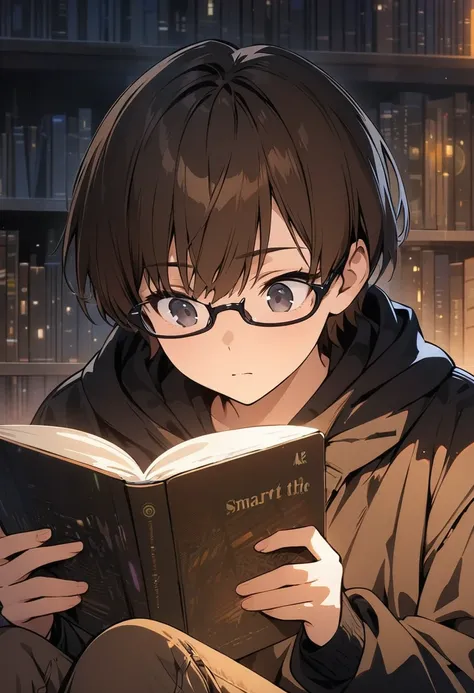 (BEST QUALITY), (MASTERPIECE), illustration, Extremely_detail, 4k wallpaper , midnight, man, black hoodie parka, brown jeans, 18 years old , brown Hair, short hair, black eyes, eye glasses, reading a book, smart, Background of the library