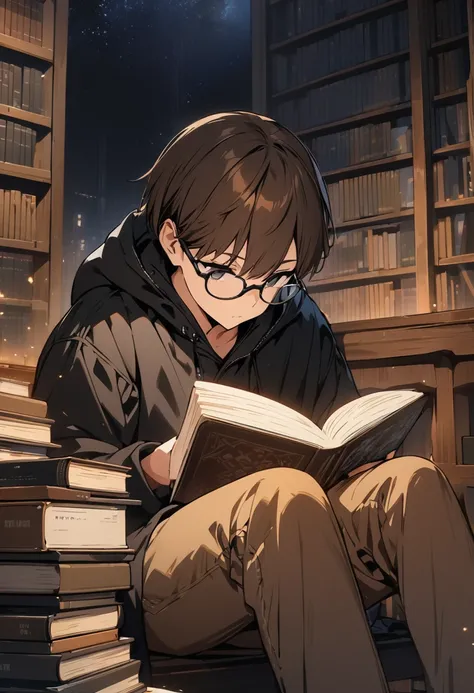 (BEST QUALITY), (MASTERPIECE), illustration, Extremely_detail, 4k wallpaper , midnight, man, black hoodie parka, brown jeans, 18 years old , brown Hair, short hair, black eyes, eye glasses, reading a book, smart, Background of the library