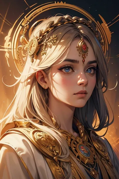 a detailed portrait of an ancient god of knowledge, intricate ornate robes, wise and serene expression, piercing eyes, glowing halo, complex mandala patterns, golden accents, dramatic lighting, cinematic composition, elegant and mystical atmosphere, vibran...