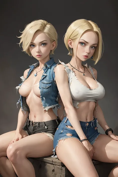 Highest quality、High resolution、And 18、1 Girl、Android 18、alone、Blonde、blue eyes、internal、gender、Pearl Necklace、bracelet、Black gloves、White shirt、short hair、Short sleeve、Earrings、Blue pants、Open Vest、Black vest、Big Breasts、(wasteland:1.3)、(Torn clothes:1.5)...