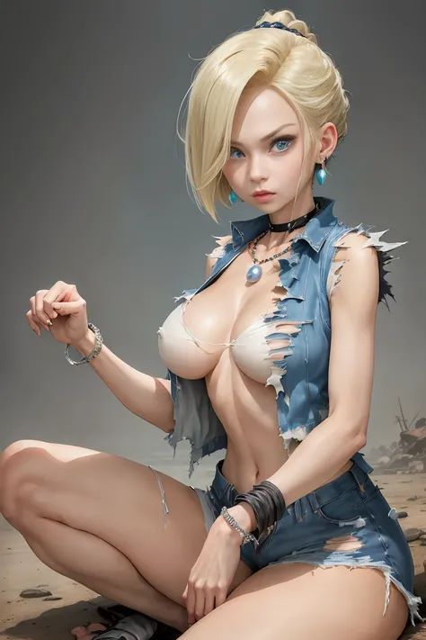 Highest quality、High resolution、And 18、1 Girl、Android 18、alone、Blonde、blue eyes、internal、gender、Pearl Necklace、bracelet、Black gloves、White shirt、short hair、Short sleeve、Earrings、Blue pants、Open Vest、Black vest、Big Breasts、(wasteland:1.3)、(Torn clothes:1.5)...