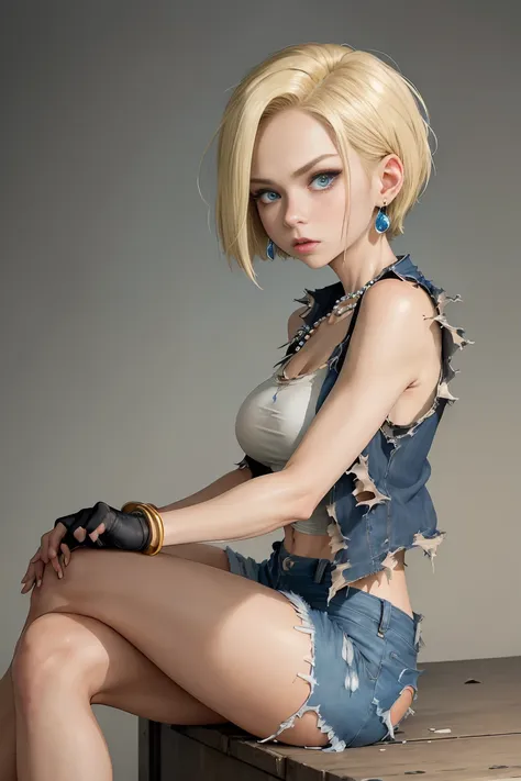 highest quality、high resolution、and 18、1 girl、android 18、alone、blonde、blue eyes、internal、gender、pearl necklace、bracelet、black gl...