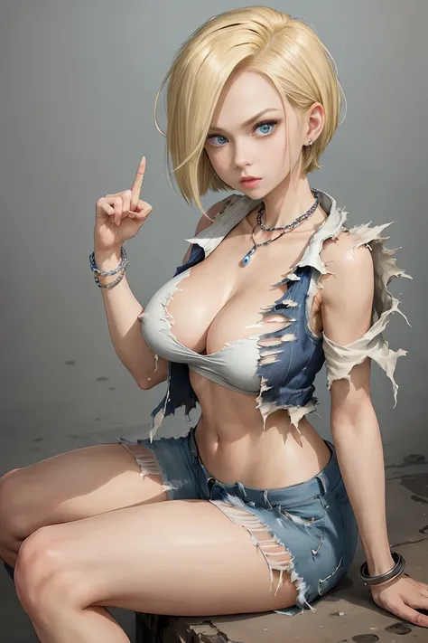 Highest quality、High resolution、And 18、1 Girl、Android 18、alone、Blonde、blue eyes、internal、gender、Pearl Necklace、bracelet、Black gloves、White shirt、short hair、Short sleeve、Earrings、Blue pants、Open Vest、Black vest、Big Breasts、(wasteland:1.3)、(Torn clothes:1.5)...