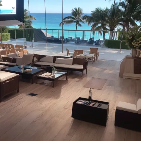 Empty Posh lounch of an upmarket beachclub with a big movie screen and a man in tuxedo and a woman in evening dress dancing