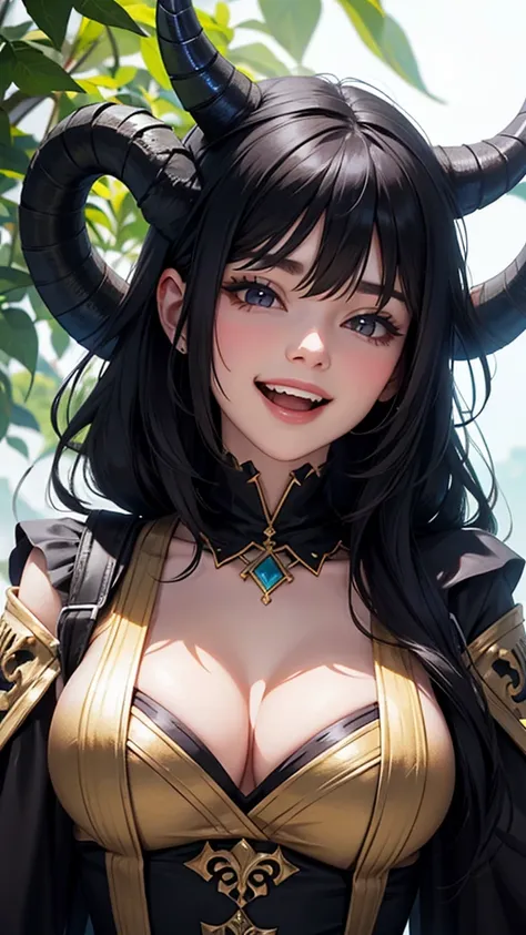 A beautiful black-haired woman with horns is laughing