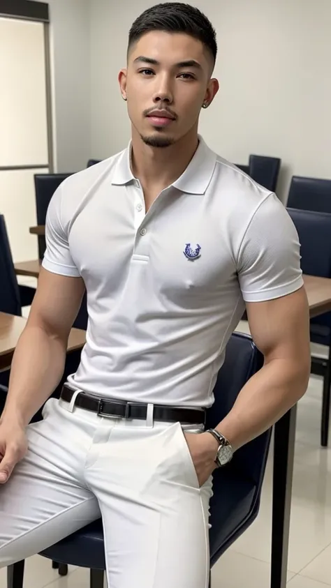 Tony Labrusca, young people, , White Polo Shirt, studio, matures,Portrait, man, A serious masterpiece, model  , Wide yard, tables, chairs, bathrooms