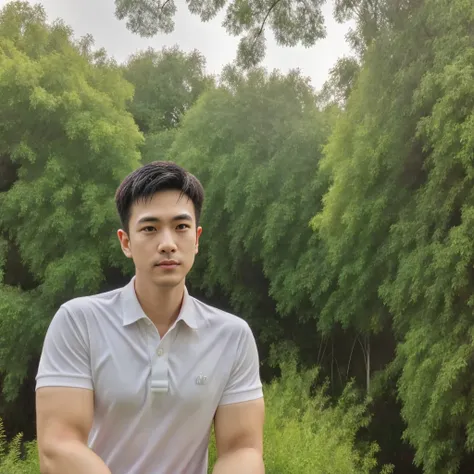 Thai man ,man，He is about 30 years old.，Rough and handsome appearance，Big muscleuscleหน้าอกขนาดใหญ่，(white polo shirt park:1.3)，Jeans ,Big waistline，chest hair，sitting on the roadside，Wearing the tongs，buzz cut, angry, sullen, best quality, Masterpiece，(ou...