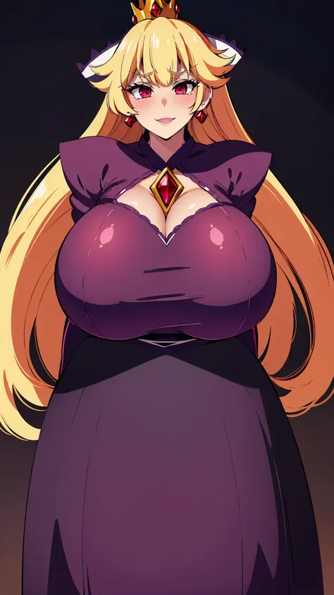 best quality, high resolution, large breasts, blonde hair, blush, Evil smile, cowboy shot, looking at viewer, Shadow Queen, purple dress, (((gigantic breasts)))