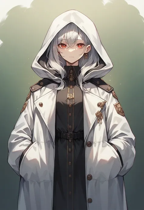 Silver Hair　Black long coat　Wearing a hood　About high school students　beautiful girl