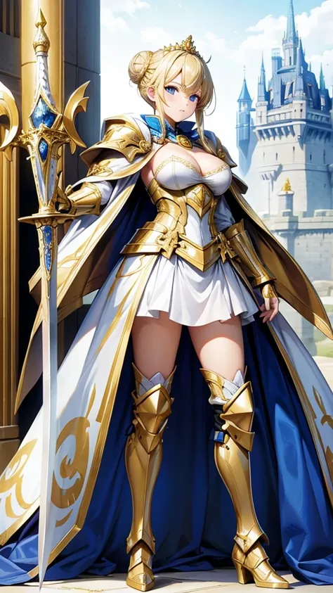 Blonde low bun hair adult woman，gold tiara，big cloak，White Armor，cleavage，Blue armor skirt，Bare Legs，iron boots，Standing，Great sword，castle