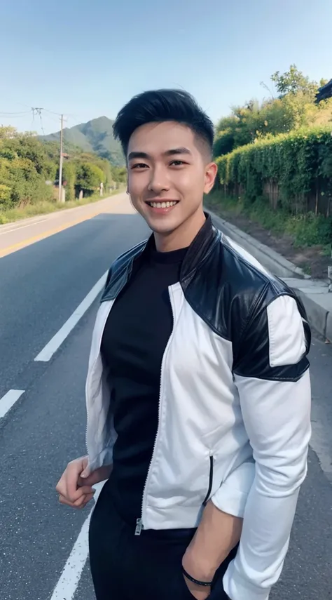 Masterpiece, best quality best, 1 young man, Asian man, East Asian people, one person, The muscles are in good proportion., Posing obscenely, short hair details，smile, white teeth, jacket set, road background, Realistic style，photography，Can be seen from t...