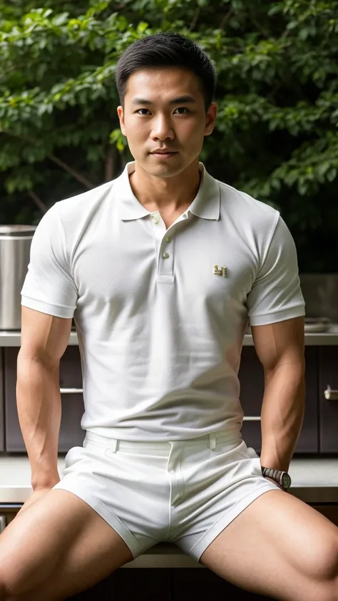 Thai man ,man，He is about 30 years old.，Rough and handsome appearance，Big muscleuscleหน้าอกขนาดใหญ่，(white polo shirt park:1.3)，Big waistline，chest hair，sitting on the roadside，Wearing the tongs，buzz cut, angry, sullen, best quality, Masterpiece，(outdoor b...