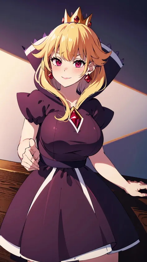 best quality, high resolution, large breasts, blonde hair, blush, Evil smile, cowboy shot, looking at viewer, Shadow Queen, purple dress