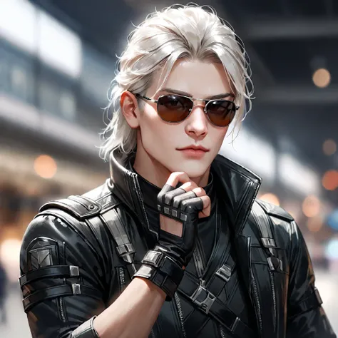 1boy, male focus, solo, white hair, gloves, fingerless gloves, sunglasses, blurry, holding, upper body, jacket, realistic, closed mouth, black jacket, blurry background, ((medium quality)), ((medium quality))