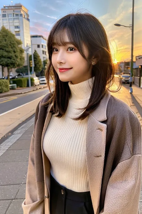 (Cute beautiful girl, Soft Focus, Best dynamic angle, Sunset backlight effect, High aesthetic sense, Highest quality, masterpiece, Very detailed:1.2), (SFW), break, The girl is beautiful with healthy skin and a lovely smile、Clean face、Glossy Lips、Silky bob...