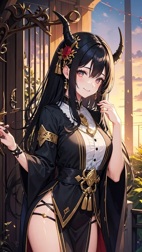 A beautiful black-haired woman with horns is smiling in front of the gate