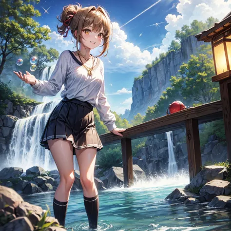 Red, brown, gold, gold hair、Golden Eyes、Hair tied up、One good looking girl、solo、anime、Checkered mini skirt、Ruffles on the skirt、camisole、Lightweight cardigan、school uniform、Black knee-high socks、Wearing a baseball cap、Ribbon、Ribbon on waist、Teeth are visib...