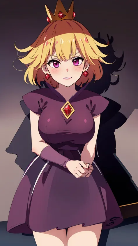 best quality, high resolution, large breasts, blonde hair, blush, Evil smile, cowboy shot, looking at viewer, Shadow Queen, purple dress, (((in Shadow Kingdom)))