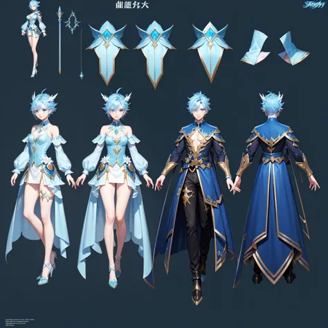 Close-up of a man in a full transformed fairy blue outfit , ((character concept art)), tall figure, ((character design sheet, same character, 3/4 front, 3/4 back)) maple story character art, video game character design, video game character design, maple s...