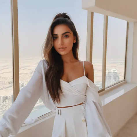 Clean girl aesthetic, selfie, looking at the camera, Dubais penthouse, trend, instagram influencer,