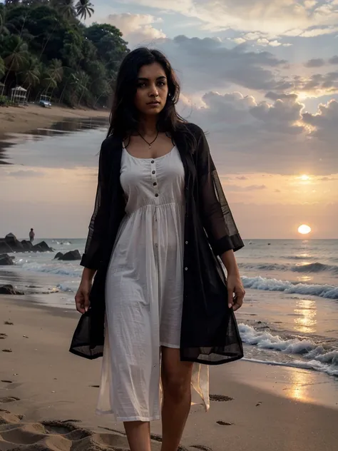 A indian gril black hair   drees    kurta  sunset time standing in a Goa beach lonely very sad girl
