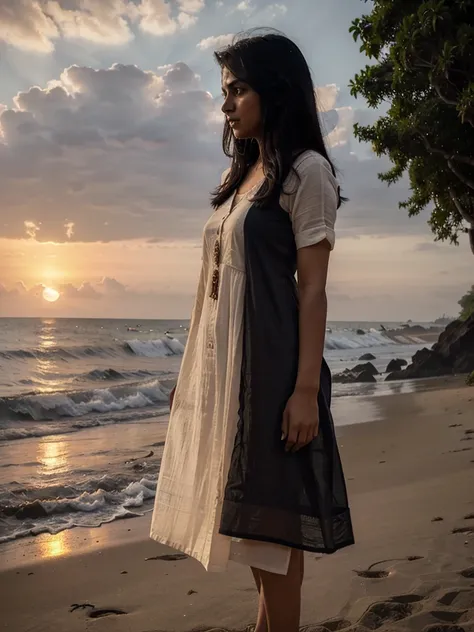 A indian gril black hair   drees    kurta  sunset time standing in a Goa beach lonely very sad girl
