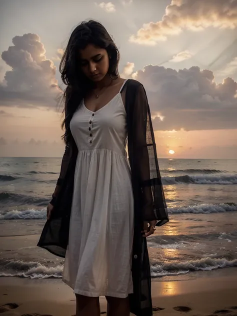 A indian gril black hair   drees    kurta  sunset time standing in a Goa beach lonely very sad girl
