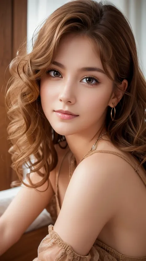 Highest quality, , Soft Light, Ultra-high resolution, (Realistic:1.4), RAW Photos, 1 Swedish girl, alone, cute, Sexy pose、(A shy smile:0.5), (Brown eyes, Light in your eyes), Beautiful face in every detail, (From head to toe),(Curly Hair),（ Sexy Outfits）