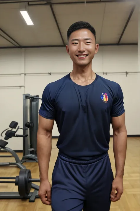 (Create a masterpiece: 1.2),(CGI art:1.3),(realistic:1.5),(After processing:1.3), (Sharp focus:1.3), Man raising his hand, smile, (Navy blue tight-fitting shirt with a round neck and short sleeves..: 1.3), Navy cargo pants, Korean people , korean men, (hig...